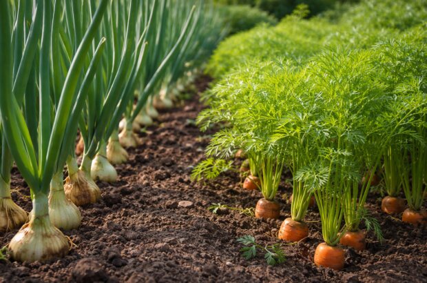 Цибуля та морква на грядці, город, ізюраж: hyser.com.ua