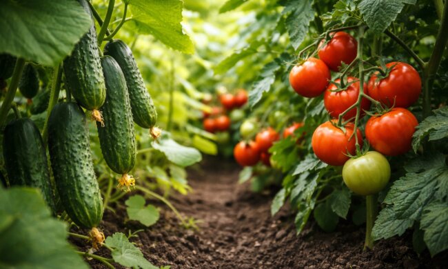 Огірки та помідори, город, зображення: hyser.com.ua