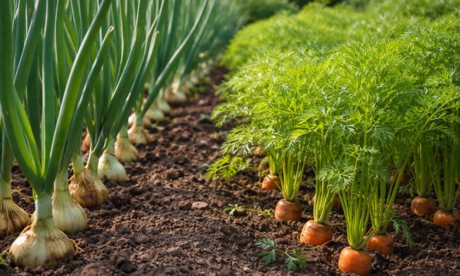 Цибуля та морква на грядці, город, ізюраж: hyser.com.ua