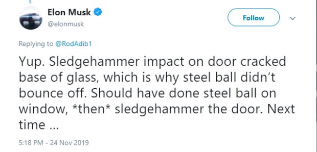 Илон Маск рассказал правду, почему от маленького шарика разбилось стекло его нового авто Tesla