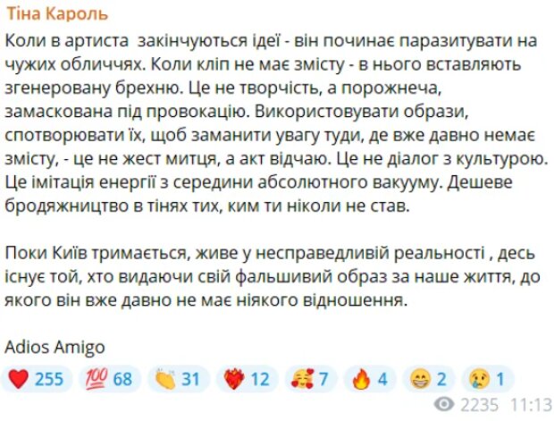 Скрин публикации Тины Кароль