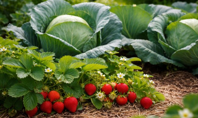 Капуста та полуниця, город, зображення: hyser