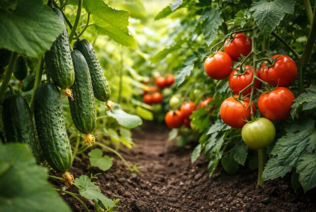 Огірки та помідори, город, зображення: hyser.com.ua